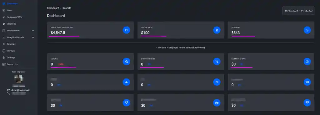 Tracknow Affiliate Software Dashboard