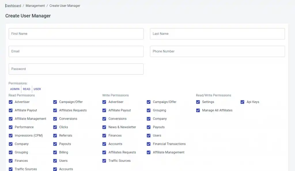 User management interface