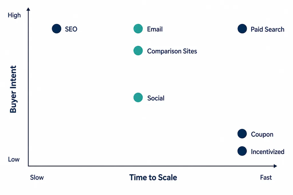 Channel map showing seven affiliate traffic sources with speed versus intent axes