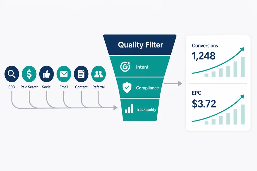 "Diagram showing affiliate traffic channels flowing into a quality filter and conversion tracking dashboard
