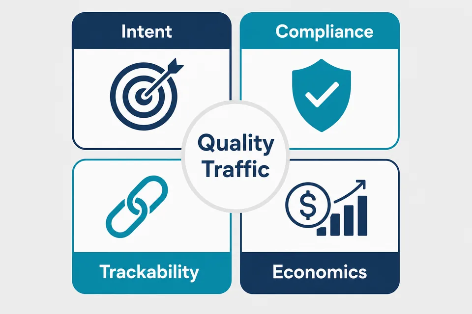Four-quadrant framework diagram for affiliate traffic quality: Intent, Compliance, Trackability, Economics