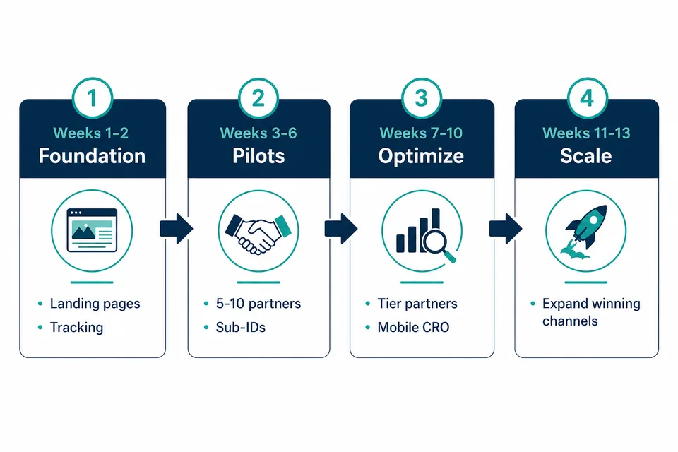 Timeline infographic showing four phases of a 90-day affiliate traffic channel rollout