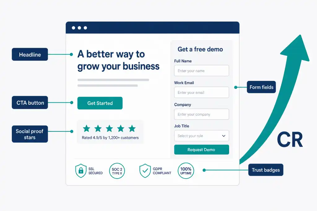 Annotated landing page wireframe showing headline, CTA, social proof, form, and trust badges