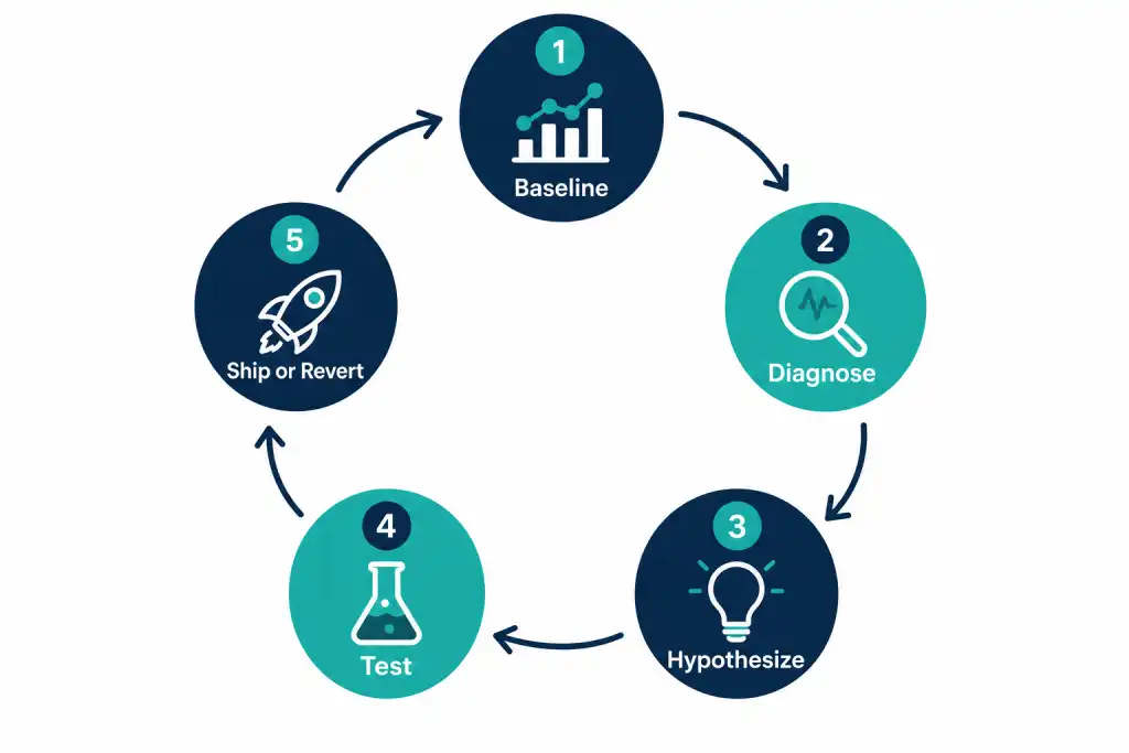 Five-step circular flowchart for landing page optimization: Baseline Diagnose Hypothesize Test Ship