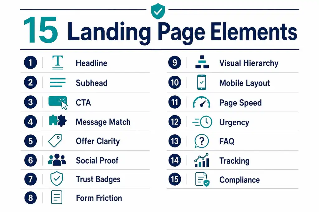 Numbered checklist infographic of 15 landing page optimization elements for affiliate offers