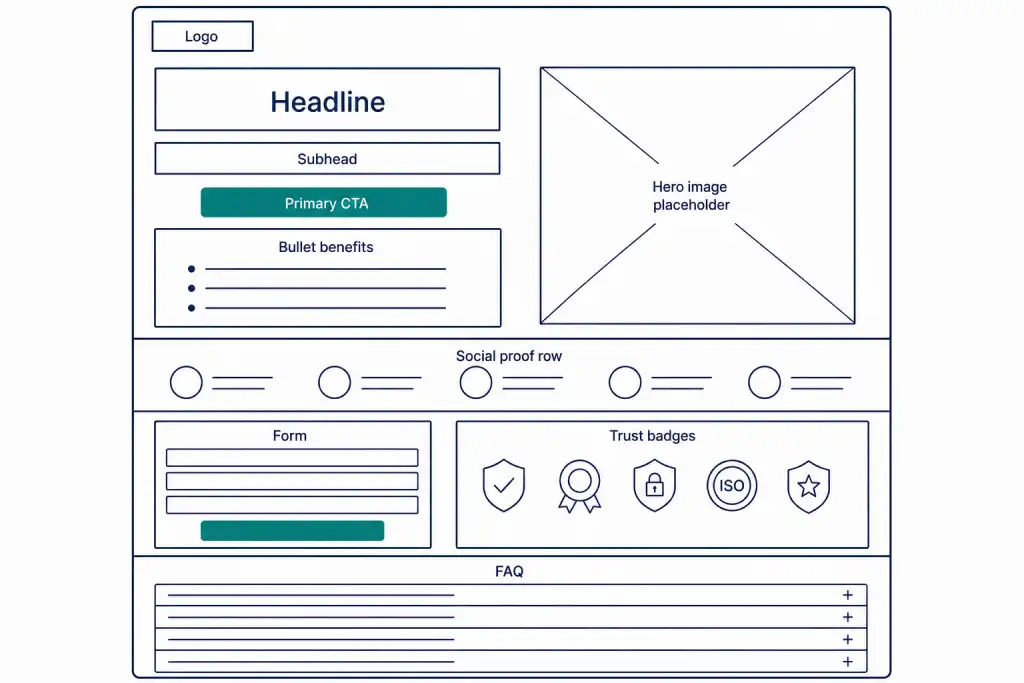 Flat diagram of an affiliate landing page with labeled conversion elements flowing into a conversion rate metric