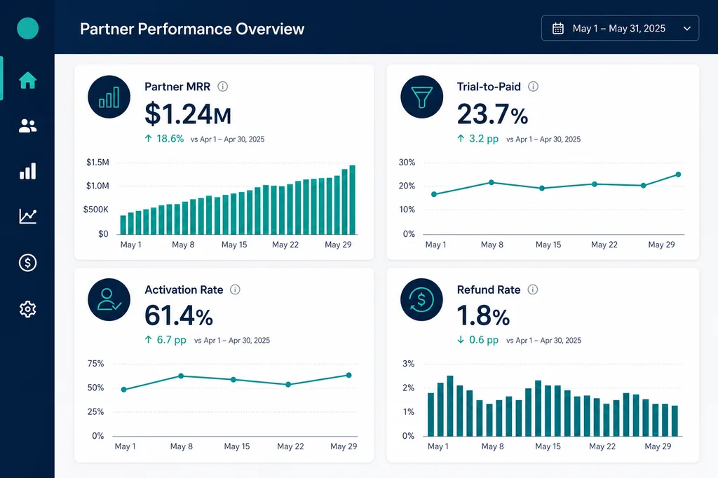 Dashboard-style infographic of SaaS affiliate KPIs including MRR trial-to-paid and partner activation