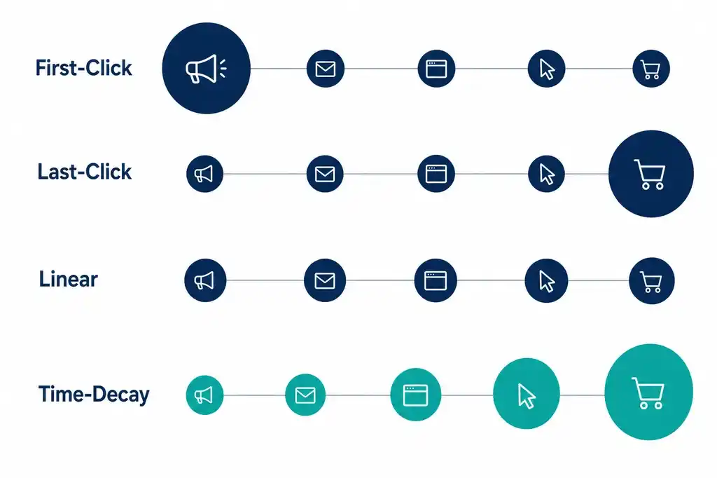 Comparison of first-click last-click linear and time-decay attribution credit on the same journey
