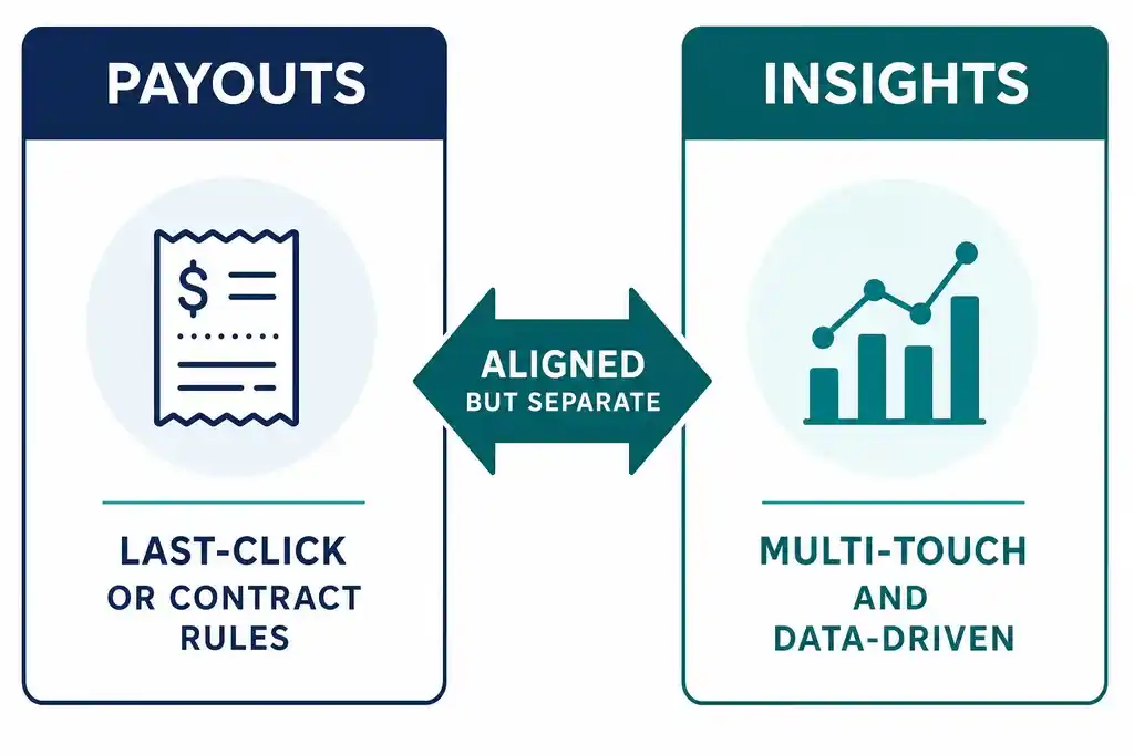Two-column diagram separating commission payout attribution from multi-touch insight reporting