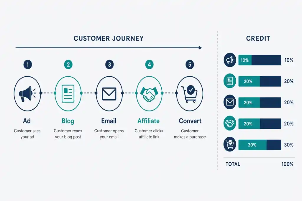 Customer journey path with multiple touchpoints ending in conversion and attribution credit split