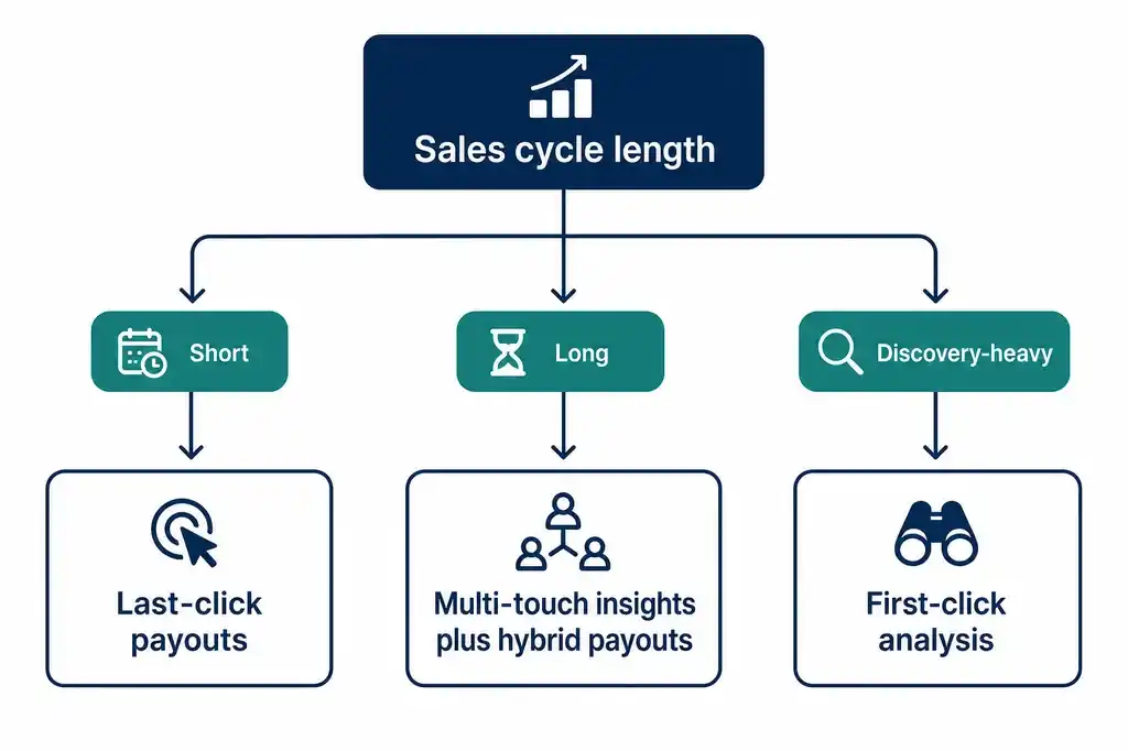 Decision flowchart for choosing first-click last-click or multi-touch attribution for affiliate payouts