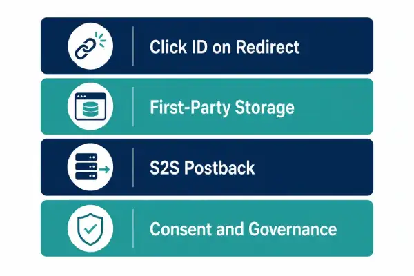 Four-layer stack for cookieless affiliate tracking: click ID first-party store S2S postback consent