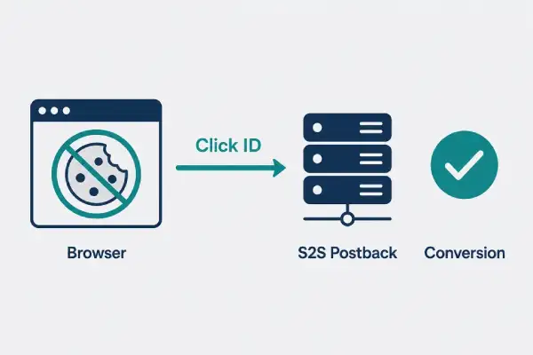 Diagram of cookieless affiliate tracking with click ID flowing through server-to-server postback to conversion