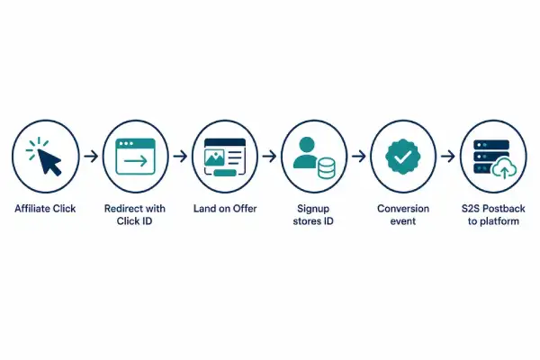 Sequence flowchart from affiliate click through landing signup and S2S conversion postback