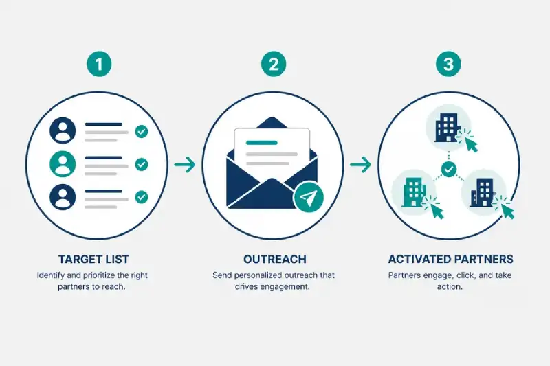 Funnel diagram from target partner list to outreach to activated affiliates sending traffic