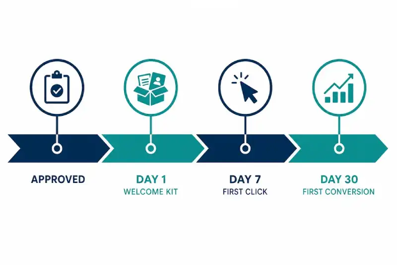 Timeline from affiliate approval to first click and first conversion in 30 days