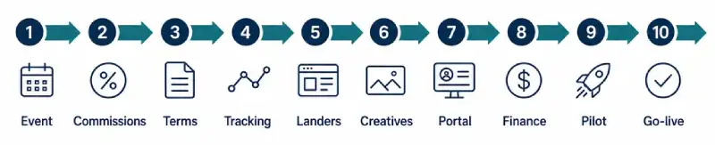 Ten-step affiliate program launch roadmap from payable event to go-live controls