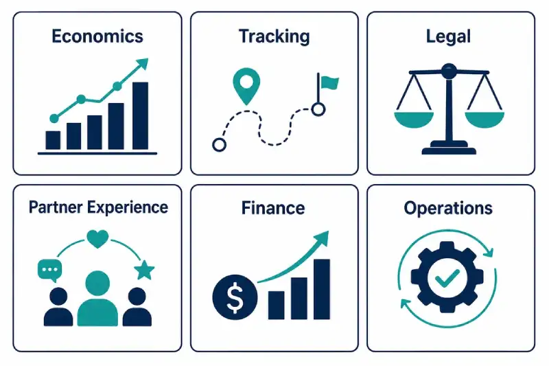 Six workstreams for affiliate program launch readiness arranged in a grid
