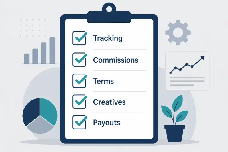 Checklist clipboard with affiliate program launch items marked complete before go-live