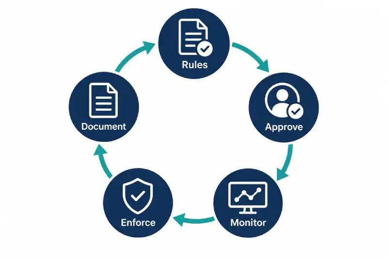Cycle diagram of affiliate compliance governance from rules to monitor enforce and document