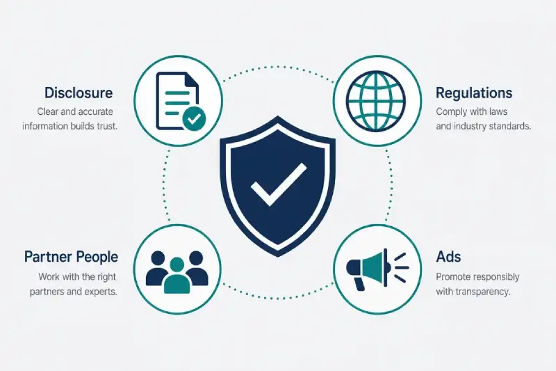 Shield and checklist representing affiliate marketing compliance disclosures and global regulations