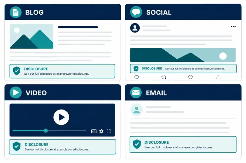 Channel map showing where affiliate disclosures belong on blog social video and email