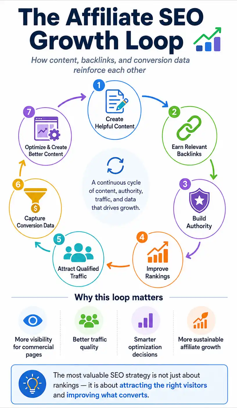 Affiliate SEO growth loop connecting useful content, backlinks, authority, rankings, qualified traffic, conversions and performance data