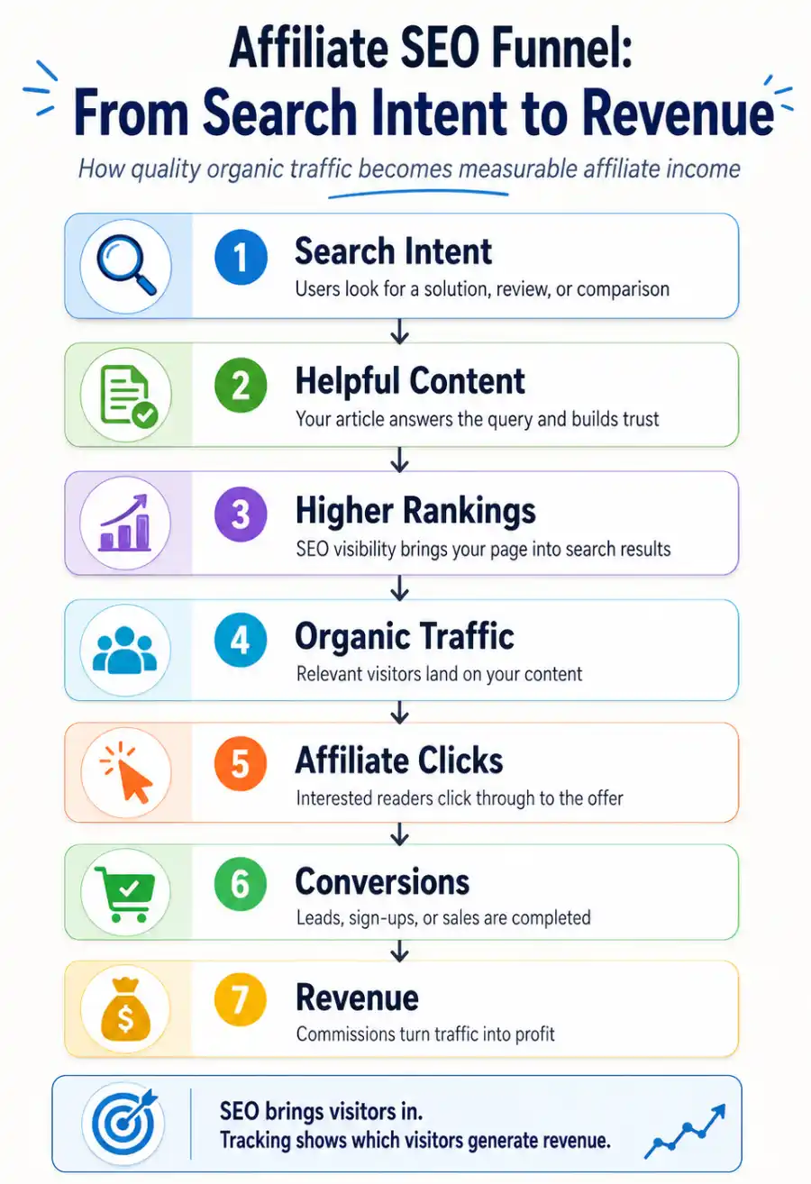 Affiliate SEO funnel showing search intent, content, rankings, organic traffic, affiliate clicks, conversions and revenue