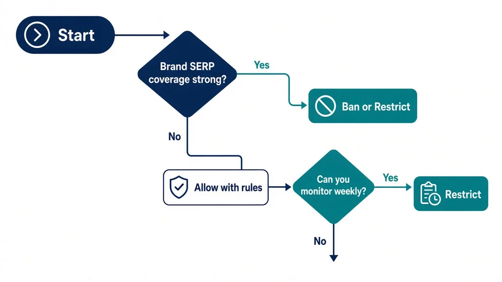 Decision flowchart for choosing ban restrict or allow affiliate brand bidding