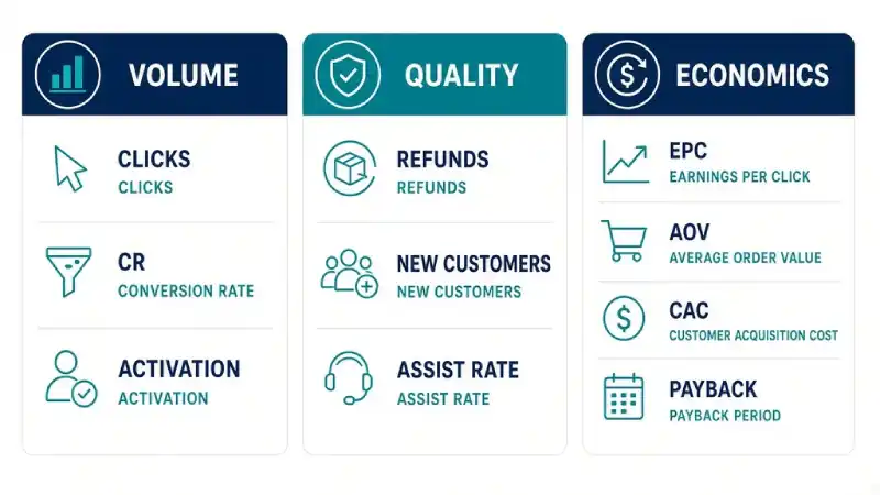 Affiliate KPI scorecard grouping volume quality and economics metrics