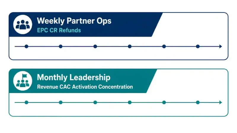 Weekly and monthly affiliate KPI review cadence for managers and leadership
