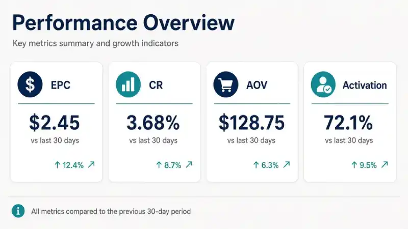 Dashboard infographic highlighting affiliate KPIs EPC CR AOV and partner activation