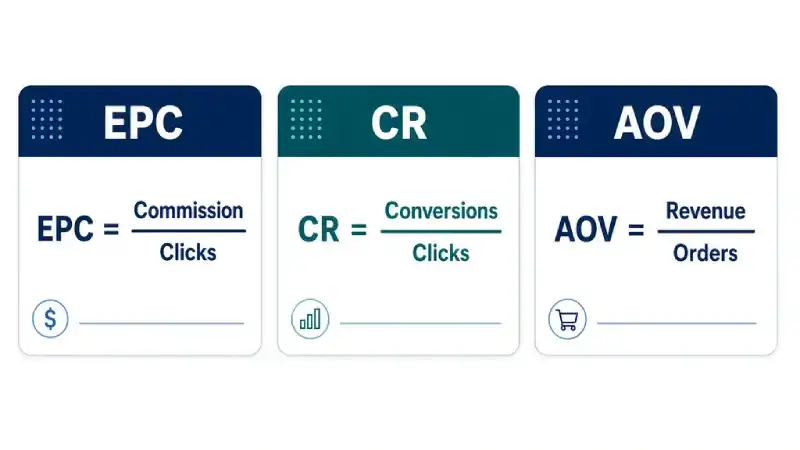 Simple formula cards for EPC conversion rate and AOV used in affiliate programs