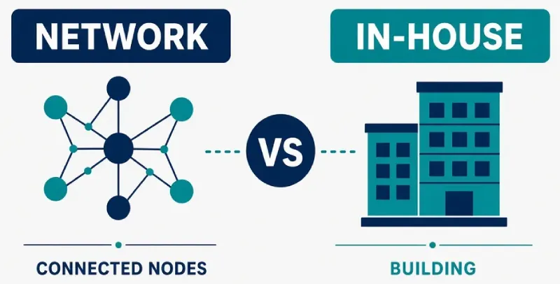 Two-path diagram comparing iGaming affiliate networks and in-house partner programs